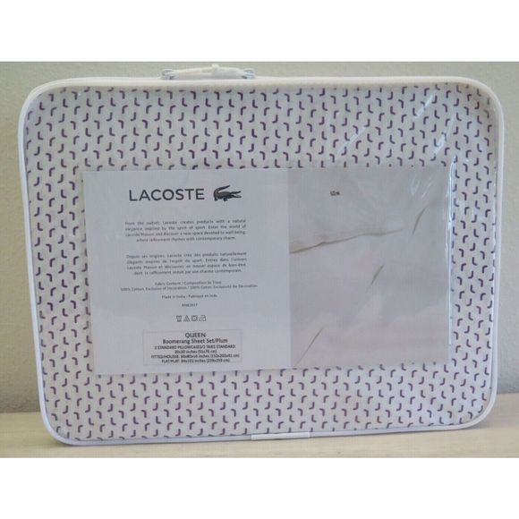 Lacoste QUEEN 100% Cotton White/Plum Boomerang Design Sheet Set $180 - Picture 2 of 7